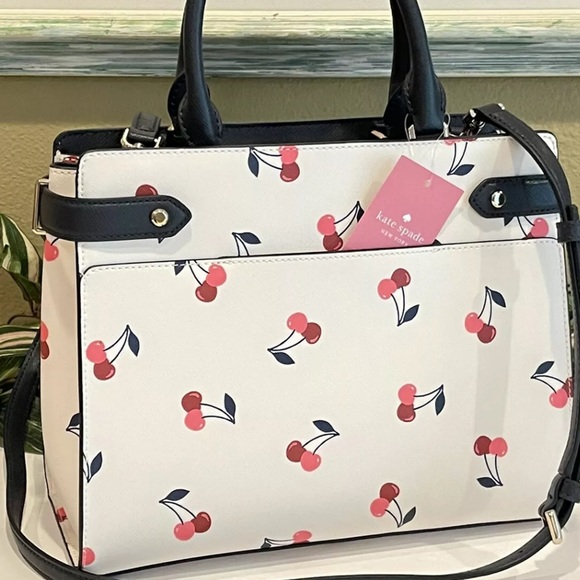 KATE SPADE STACI MEDIUM SATCHEL SHOULDER BAG CHERRIES PINK RED WHITE LEATHER - Picture 8 of 11